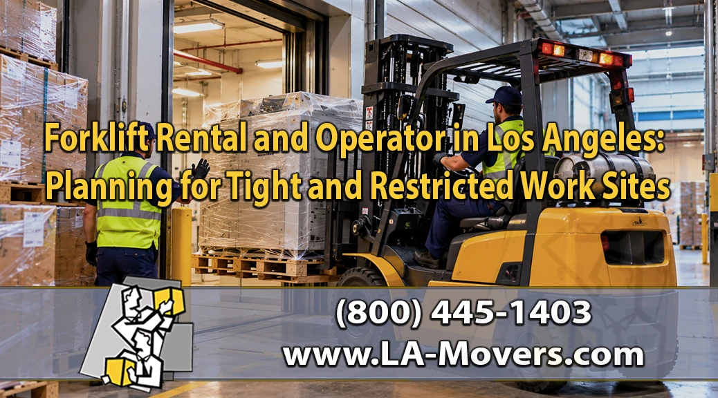 Forklift operator maneuvering palletized equipment through a restricted warehouse work area